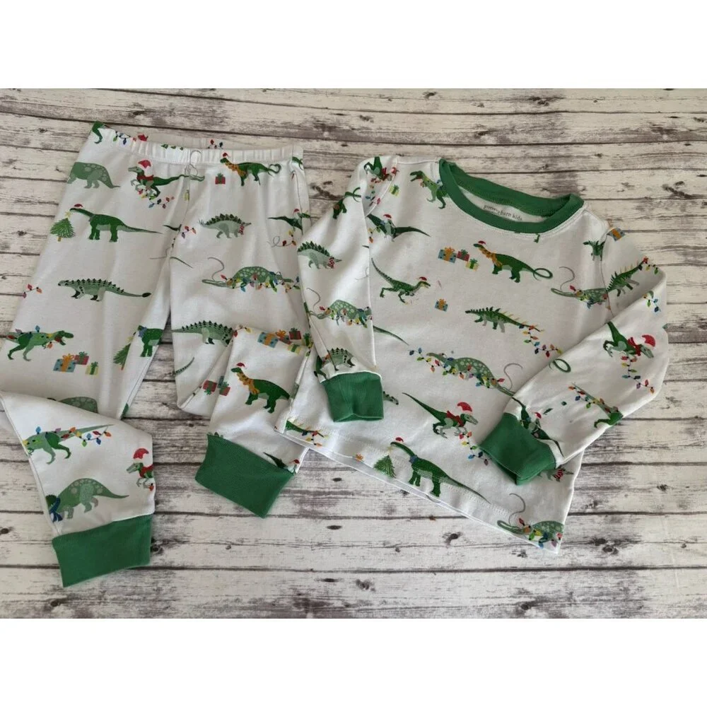 Pottery Barn Kids CHRISTMAS Dino Organic 2 Piece Pajama Set Sz 4‎